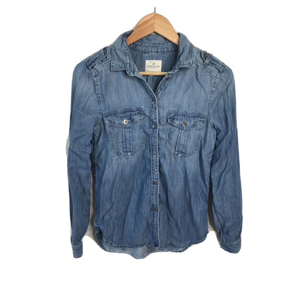 AEO Blue Chambray Denim Jean Boyfriend Fit Shirt